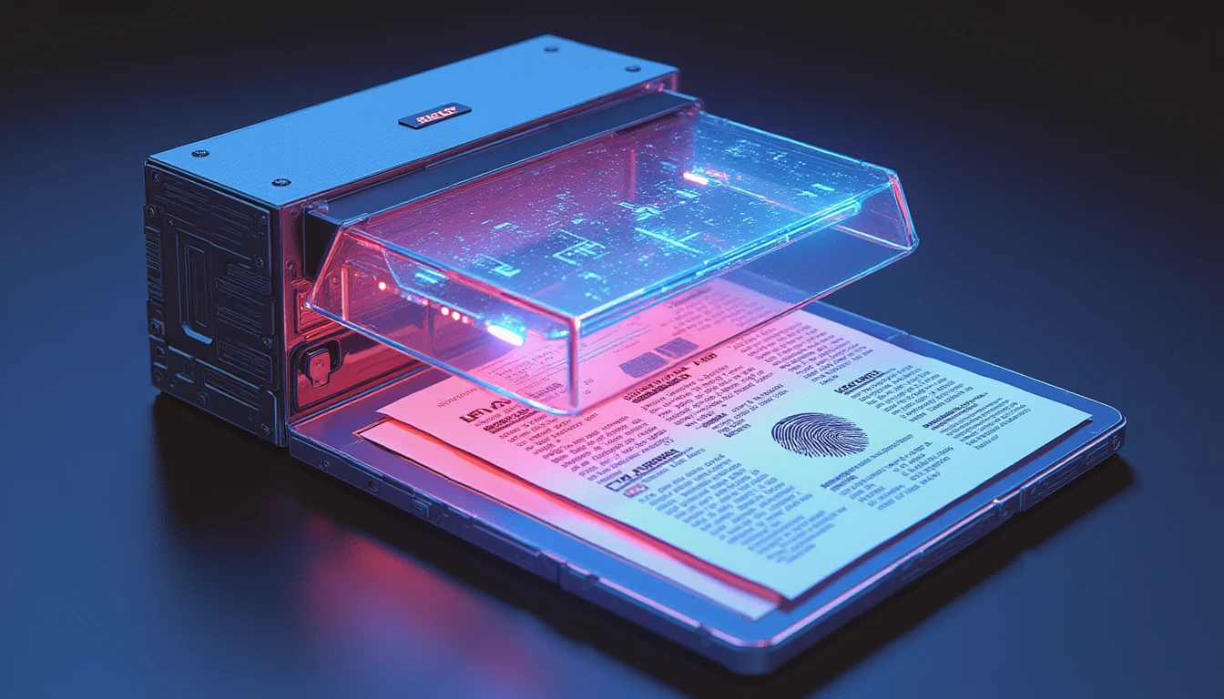 Futuristic AI system scanning digital finance data with neon-lit layers, detecting fraud with cybersecurity and GDPR icons