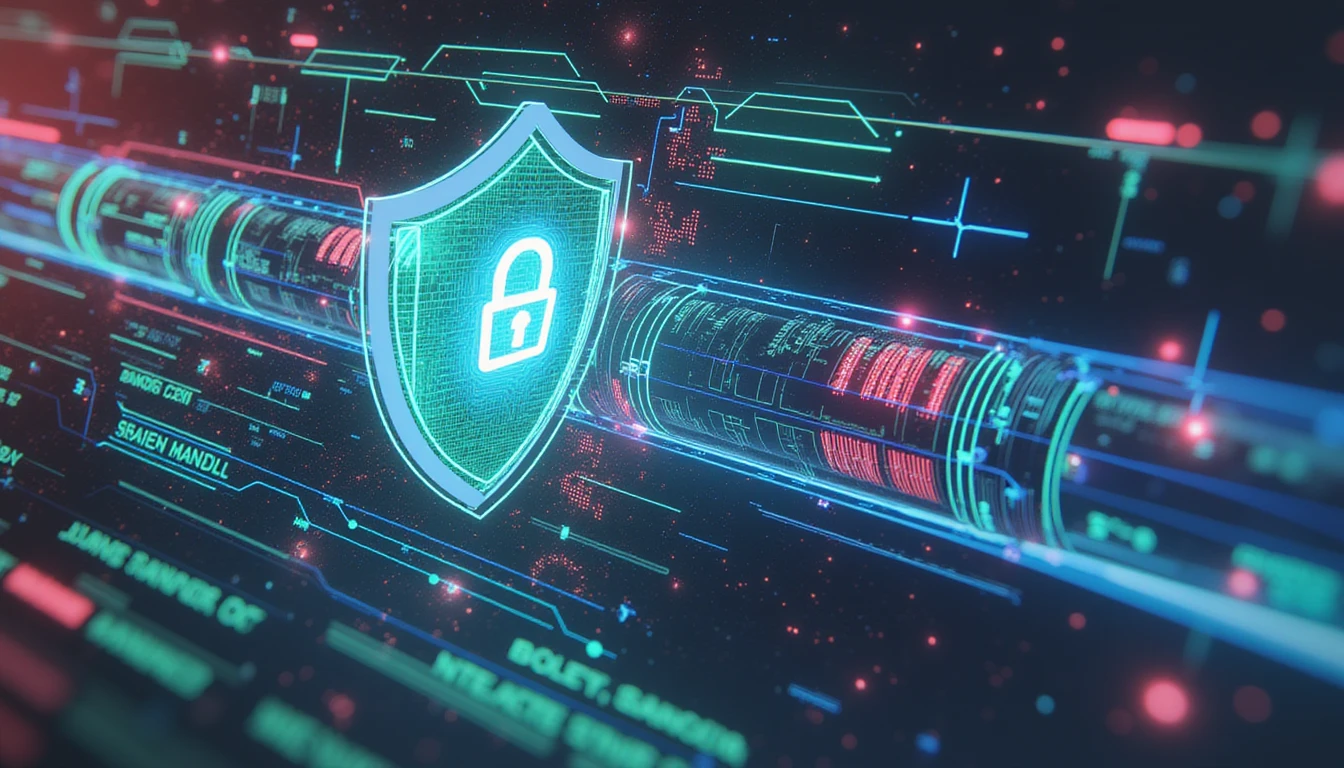 Futuristic digital art of secure expense management with glowing data streams, AI scanners, and fraud detection visuals