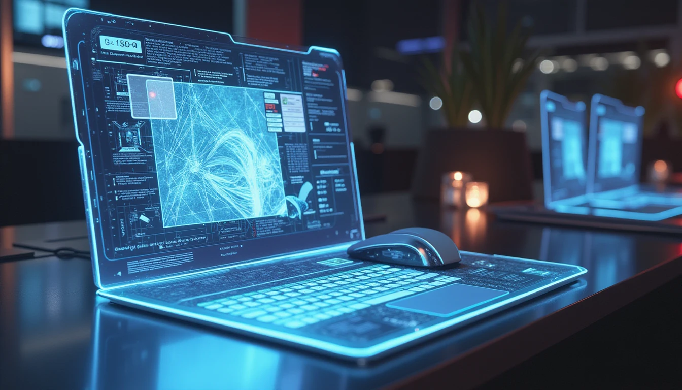 Futuristic insurance office at night with AI-powered holograms scanning images for fraud amid neon-lit digital data displays