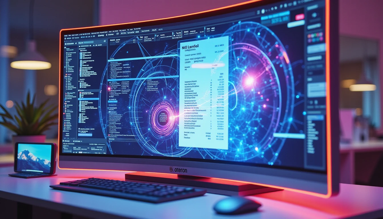 Futuristischer Arbeitsplatz mit neonbeleuchtetem Bildschirm, der KI-gesteuerte Belegprüfung und Echtzeitanalyse zur Betrugserkennung zeigt.