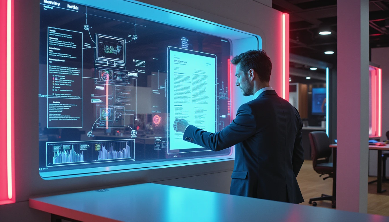 Business professional using holographic AI fraud detection system in neon-lit high-tech insurance office at night