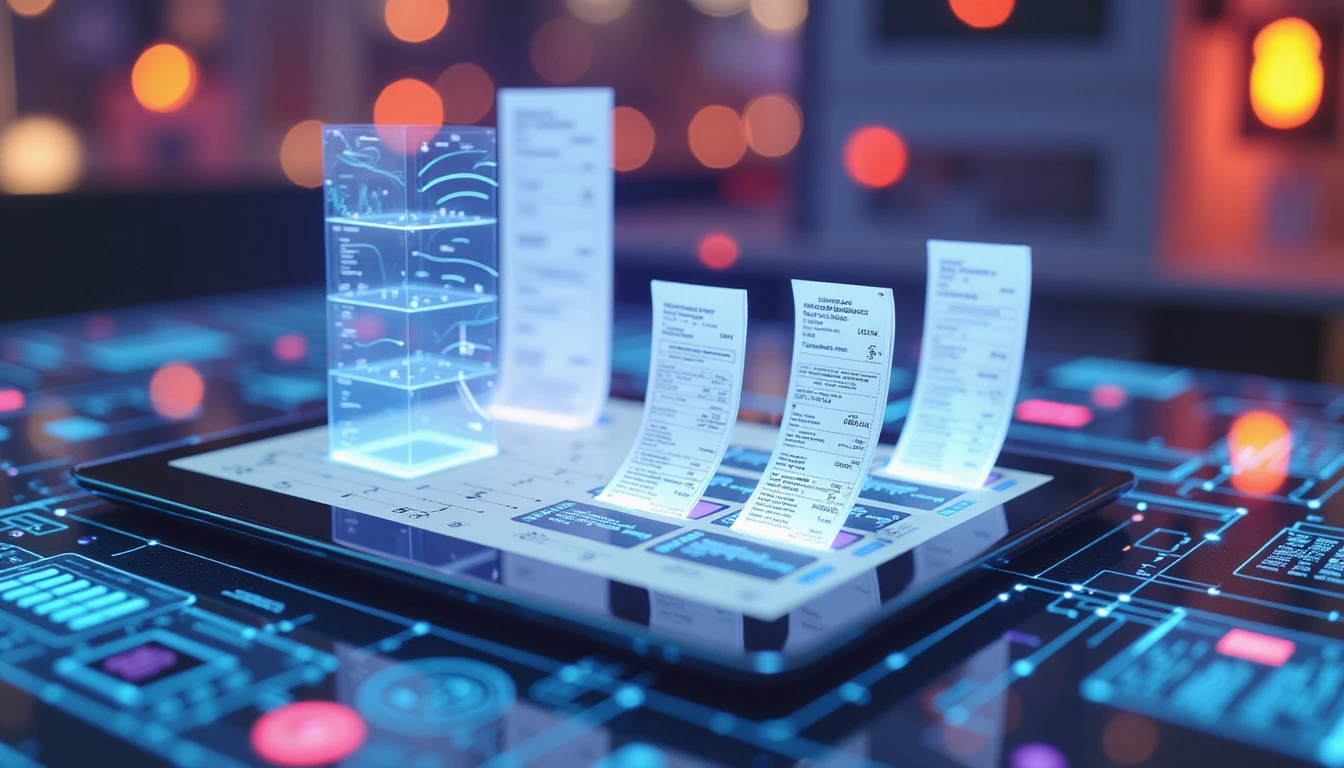 Futuristic macro of AI-powered expense dashboard on glowing tablet with neon data streams and holographic fraud detection overlay