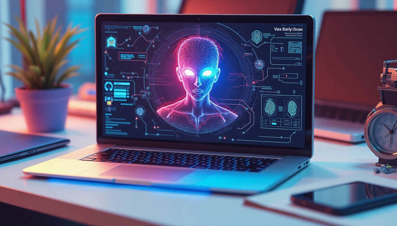 Macro shot of a high-tech workspace with AI-driven dating profile verification and glowing cybersecurity elements