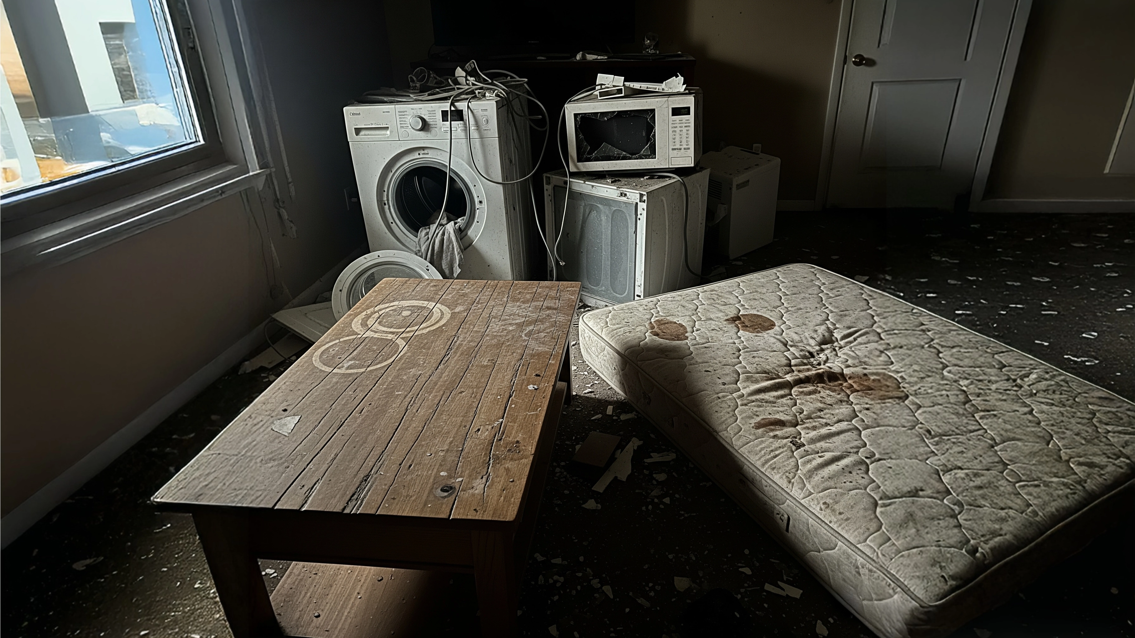 Filmisches Foto, das gefälschten Airbnb-Schadensfotobetrug veranschaulicht und KI-manipulierte Beweise in einer hochauflösenden Raumszene hervorhebt.