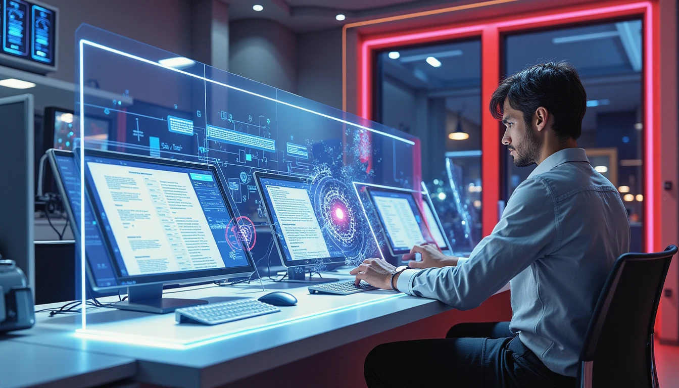 Futuristic insurance office with neon-lit screens analyzing documents, highlighting AI-detected fraud and data compliance elements