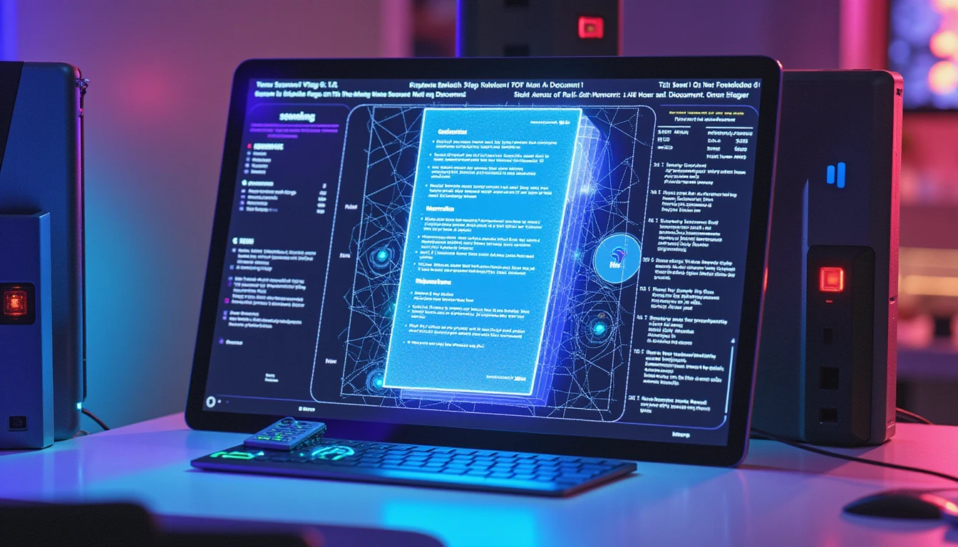 Futuristic tech workspace with neon-lit AI system scanning documents for fraud, showing cybersecurity and machine learning visuals