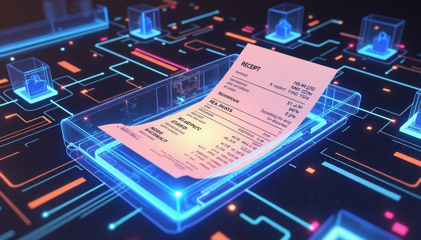 Glowing digital receipt scanned by AI with neon circuitry, metadata, and lock icons symbolizing secure, fraud-resistant processing