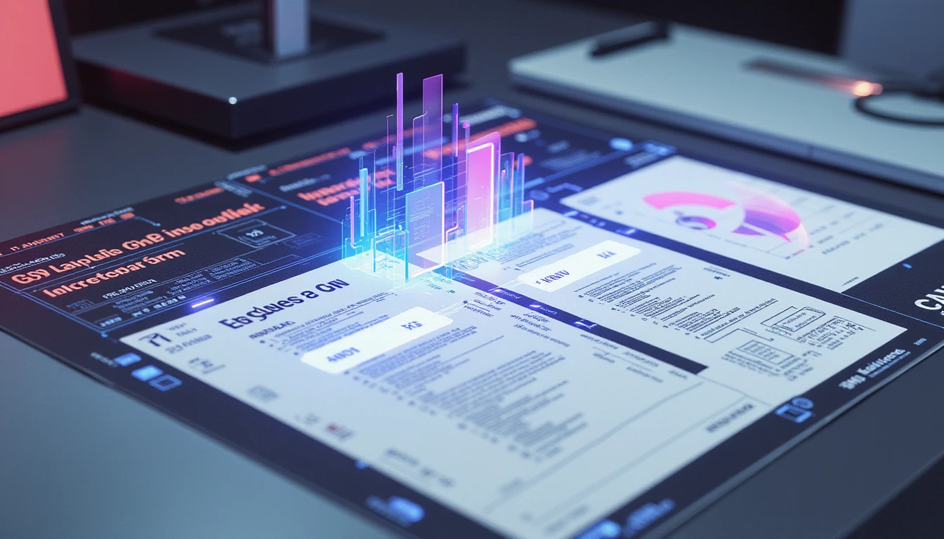 AI-driven document verification interface with holographic overlays analyzing insurance forms in a neon-lit futuristic workspace