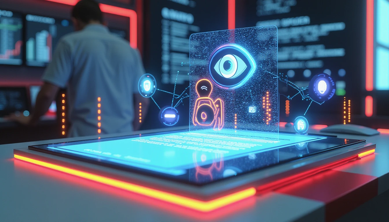 Futuristic insurance office with digital contract verification, glowing fraud scanner eye, and holographic cybersecurity elements