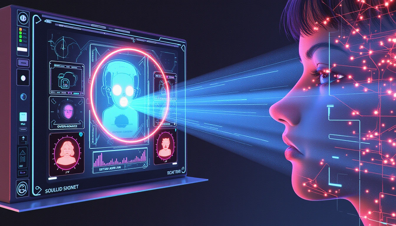 Futuristic AI security system scans holographic dating profiles, detecting fake data with neon-lit cyber defense visuals