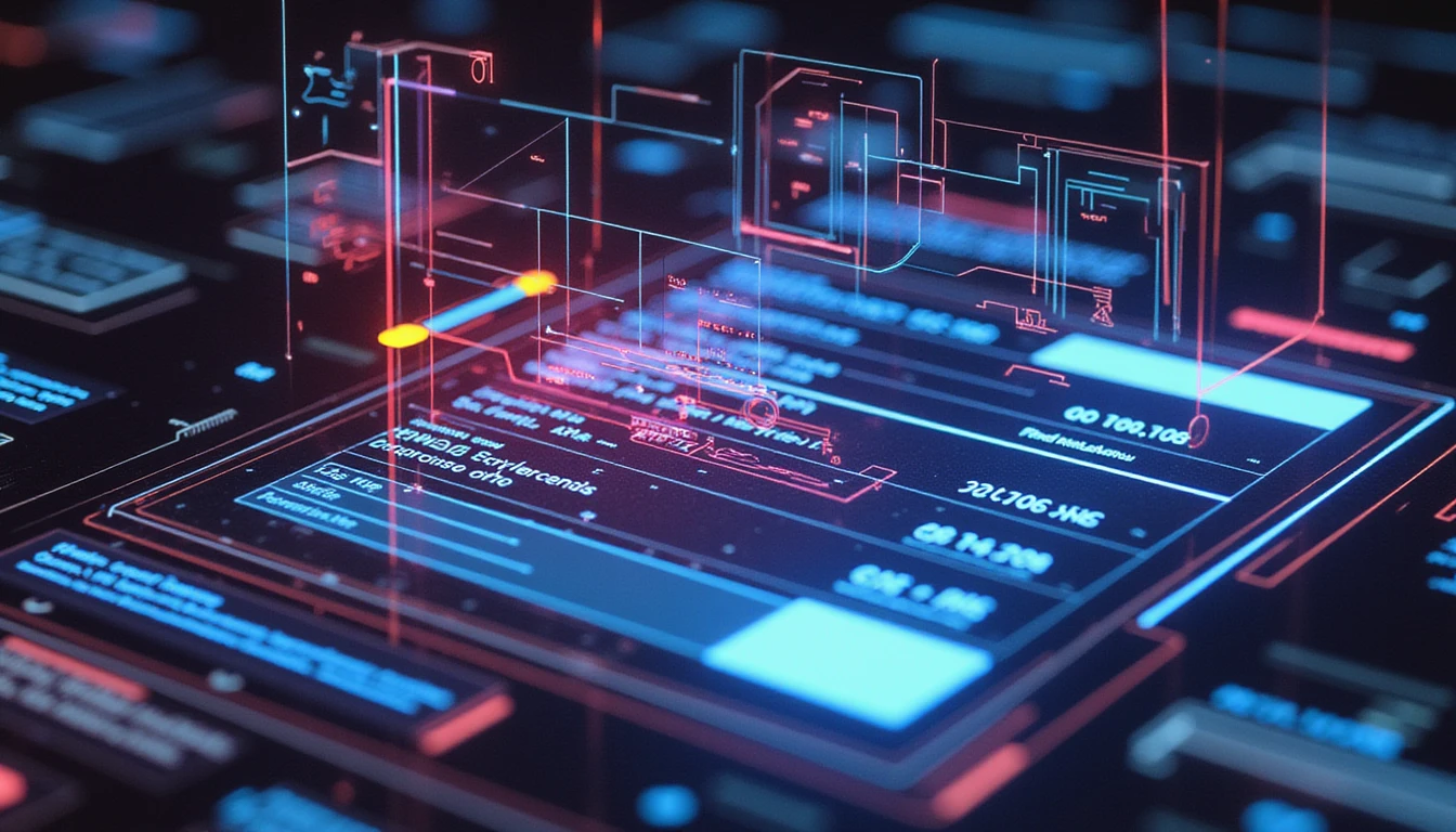 Futuristic AI-driven expense report scan with neon highlights, revealing fraud and ensuring digital finance compliance