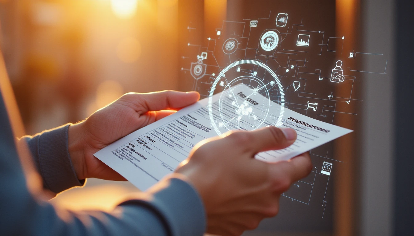 Futuristisches KI-Sicherheitssystem scannt ein Versicherungsdokument mit holografischer Schnittstelle, betont Deepfake-Erkennung und Datenanalyse.