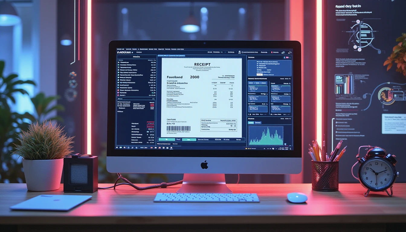 Futuristic workspace showing VAARHAFT’s Fraud Scanner analyzing a digital receipt amid AI-powered data and neon-lit diagrams