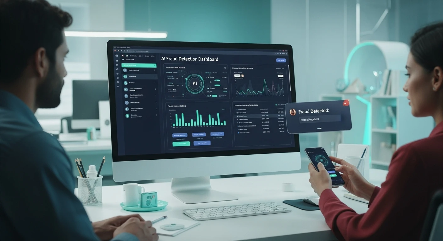 High-tech workspace with computer screens displaying analytics, symbolizing the integration of AI tools for ecommerce fraud detection.