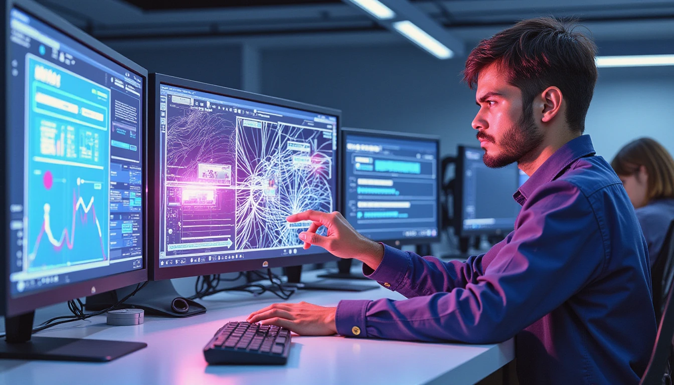 Futuristisches Versicherungs-Kontrollzentrum mit holografischem Betrugsscanner, KI-Datenströmen und neonbeleuchteten digitalen Schnittstellen