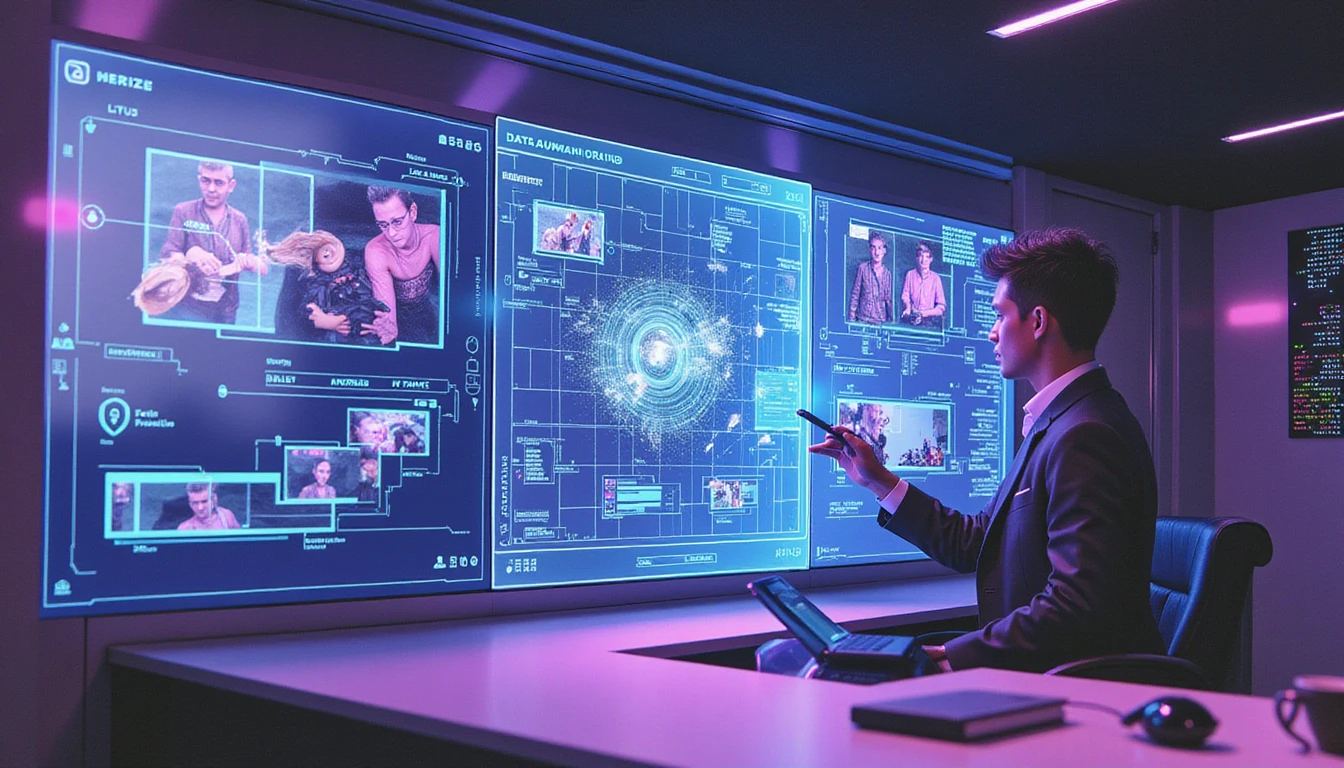 Business professional analyzing digital claims on a holographic screen with AI-powered fraud detection in a futuristic office