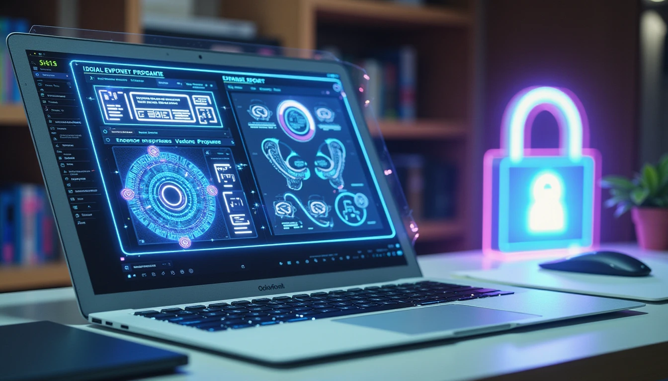 Futuristic office desk with laptop showing AI-driven expense report, holographic fraud detection, and GDPR-compliant data visuals