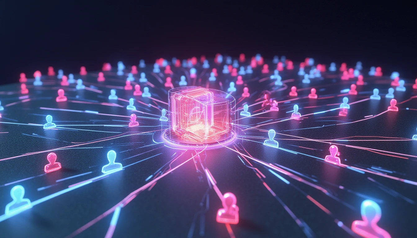 Futuristic digital landscape with neon network of authentic profiles, AI scanner removing glitchy fakes, symbolizing online dating security.