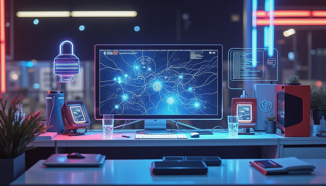 Professional at neon-lit workstation reviews AR-secured invoices; AI fraud detection and biometric shields ensure data integrity.