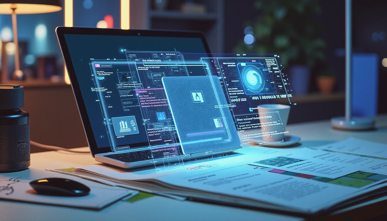 Futuristisches Versicherungsbüro bei Nacht mit leuchtender KI-Oberfläche zur Betrugserkennung, Datenströme und Dokumentenprüfung.