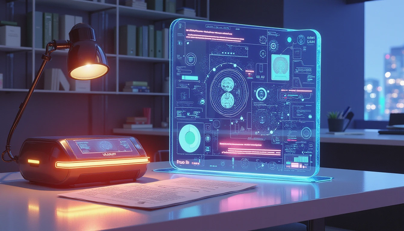 Futuristisches Versicherungsbüro mit leuchtendem Fraud Scanner von VAARHAFT, der Daten analysiert, während KI über digitale Bildschirme Betrug überwacht.
