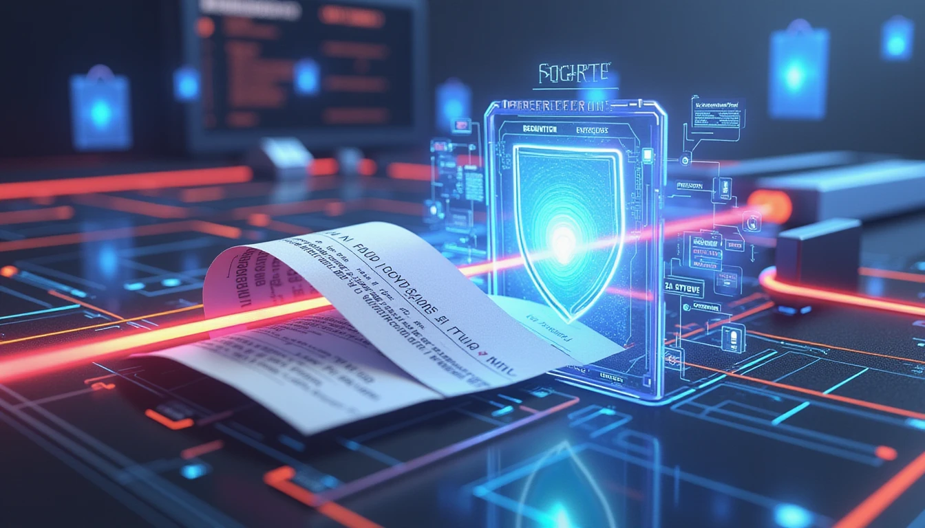 Futuristic digital scene of AI detecting fraud in expenses, with neon data streams, receipts, and a glowing security shield