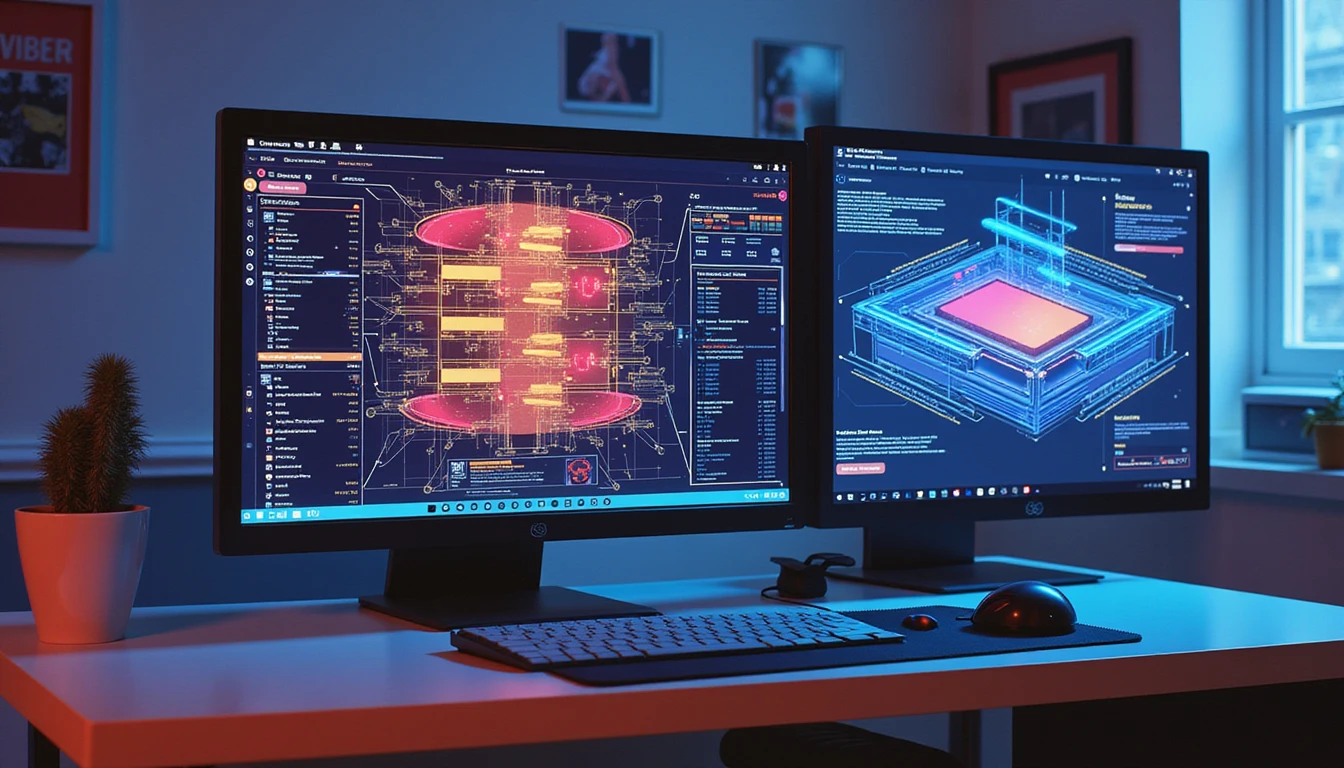 Futuristic workspace at night with AI fraud detection dashboard and holographic receipt analysis in neon lighting