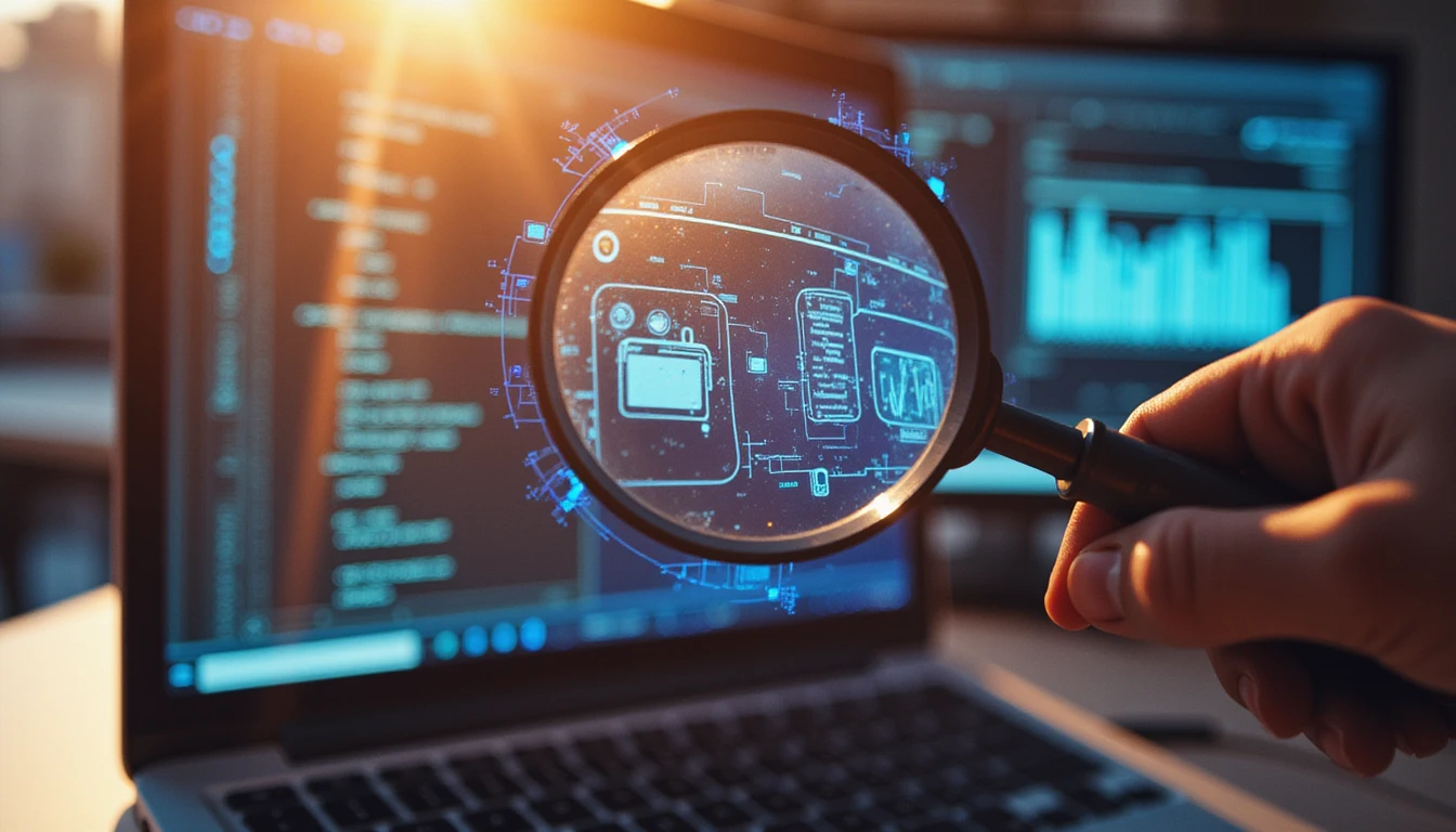 Magnifying glass highlights anomalies on a digital forensic interface with holographic data, symbolizing cybersecurity in insurance fraud detection.