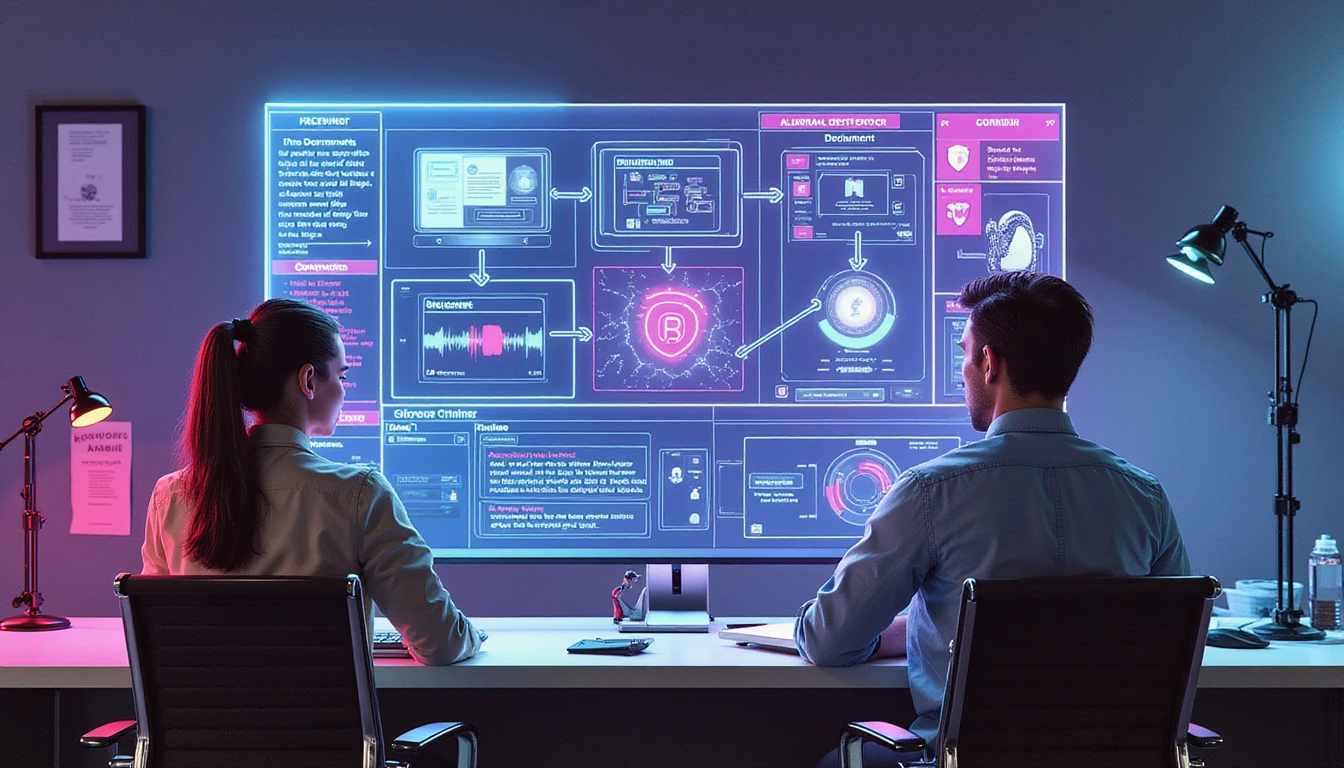 Futuristic insurance office with diverse pros using AI tools and glowing interface for fraud detection and document analysis
