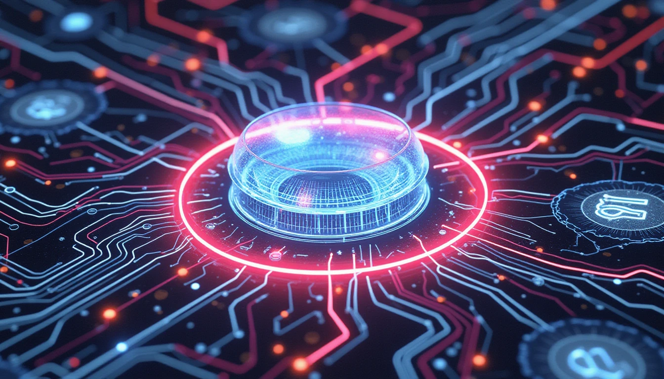 Neon-glowing digital shield protecting insurance data from AI deepfakes, with neural networks and holographic security layers.