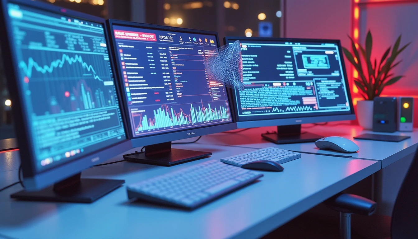 Macro view of neon-lit AI dashboard analyzing digital receipts with holographic data streams and real-time fraud detection visuals