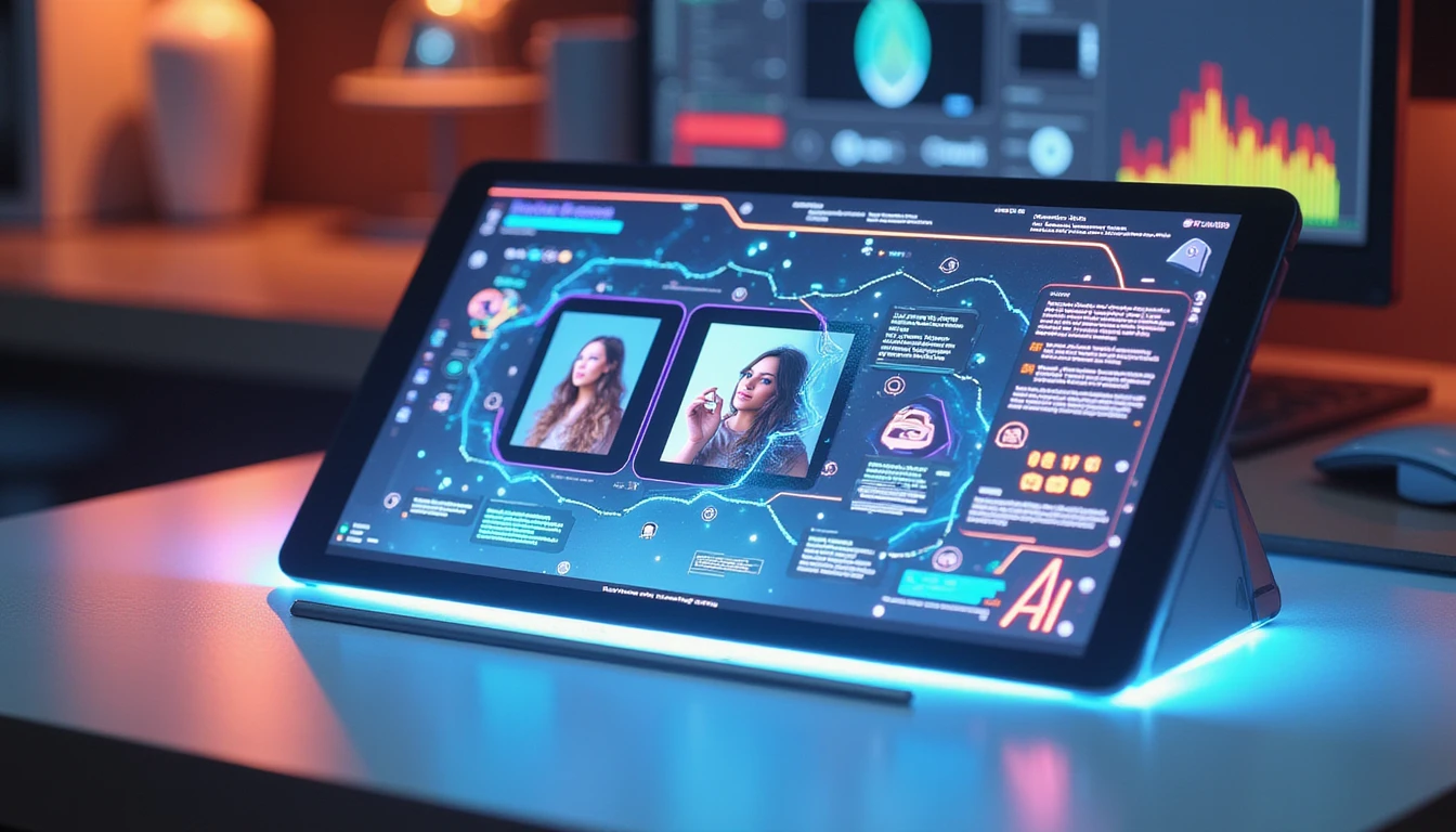 Futuristic insurance desk with tablet analyzing real vs. AI-generated photo, highlighting metadata and fraud detection pathways