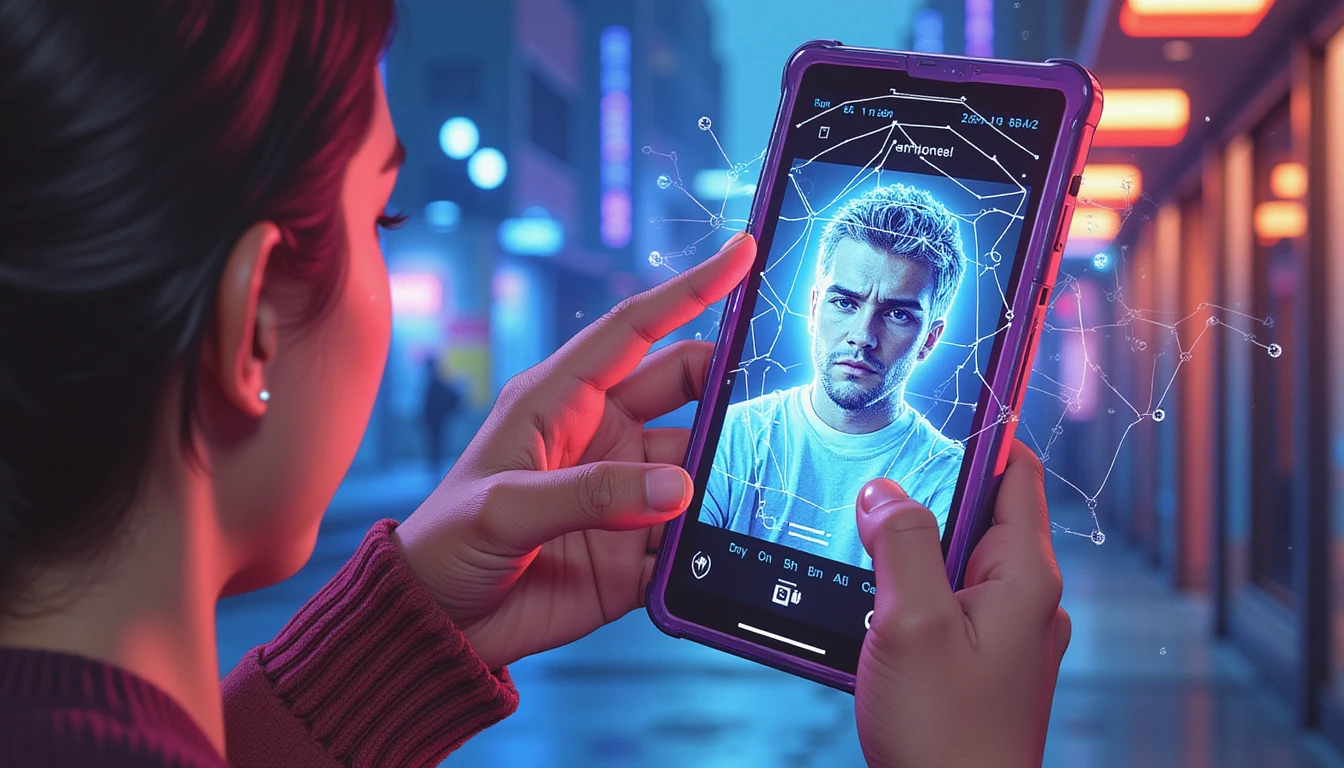 Person using dating app on smartphone in neon-lit city, overlaid with AI fraud detection graphics ensuring digital security.