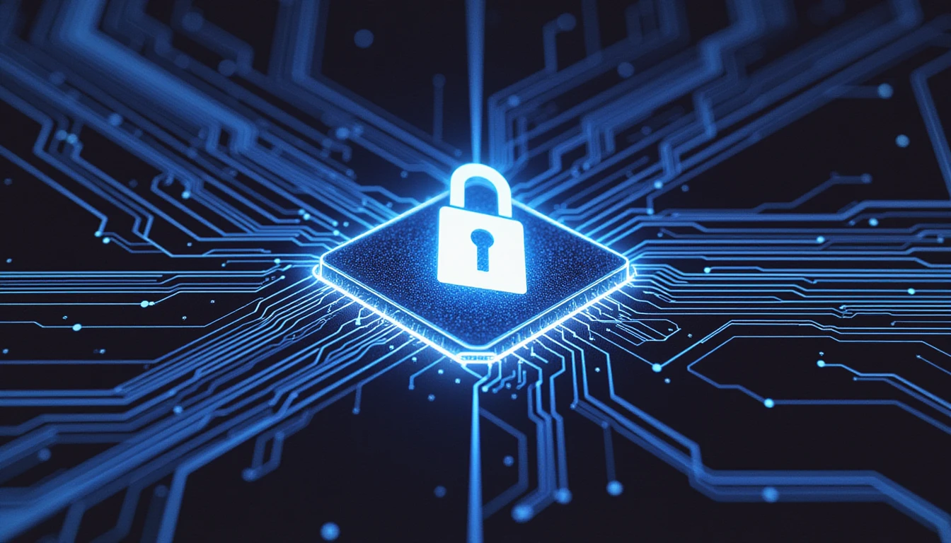 Futuristic circuit board with a glowing lock symbol, representing AI-driven fraud detection and data security in digital insurance.