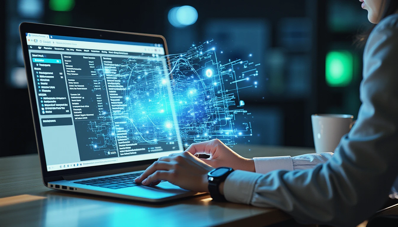 Business professional reviewing digital expenses on a sleek interface with holographic AI fraud detection and metadata visualization