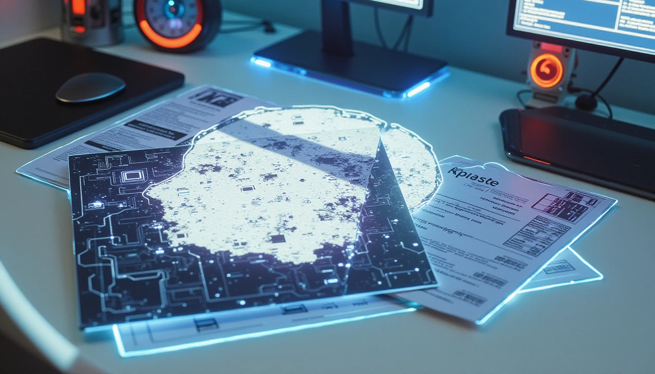 Futuristic office with holographic expense reports and glowing AI fraud detection overlay analyzing document data.