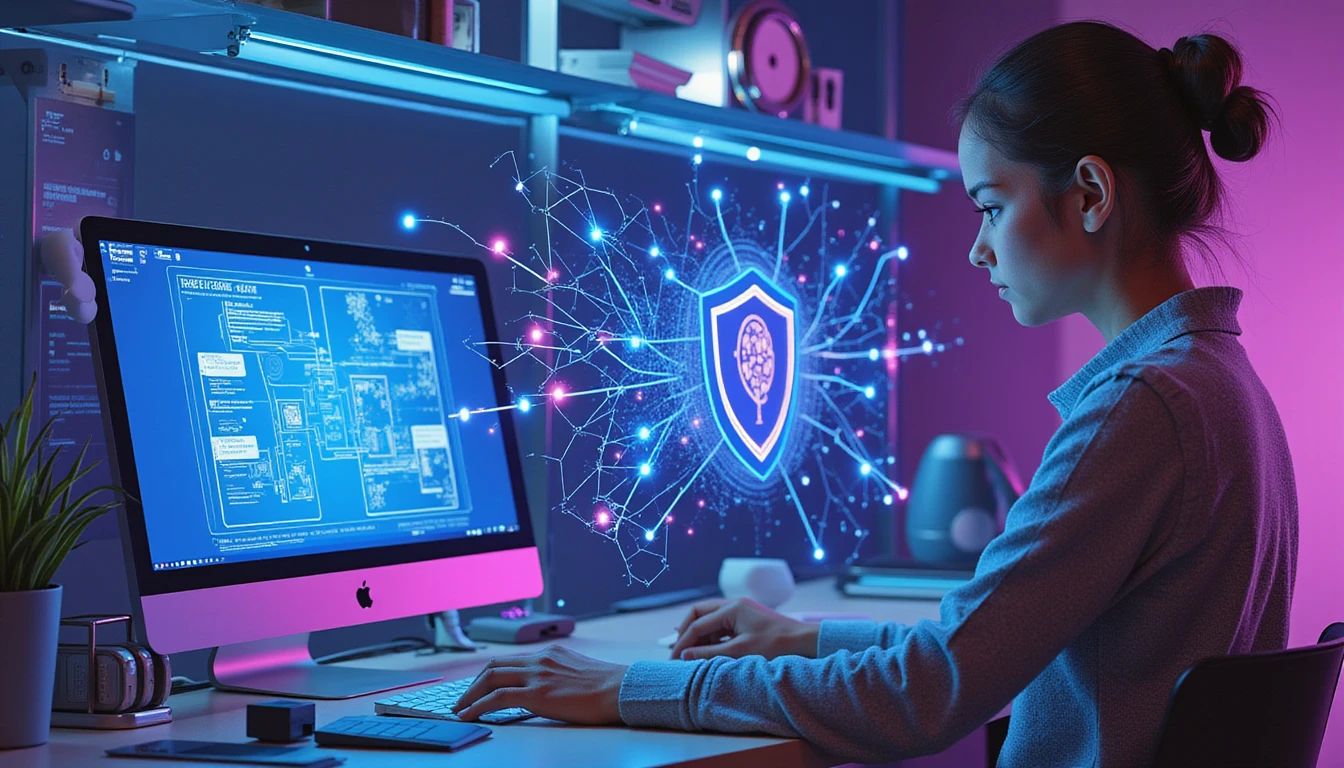 A futuristic insurance analyst examines a neon-lit fraud detection system, analyzing anomalies with holographic forensic visuals.