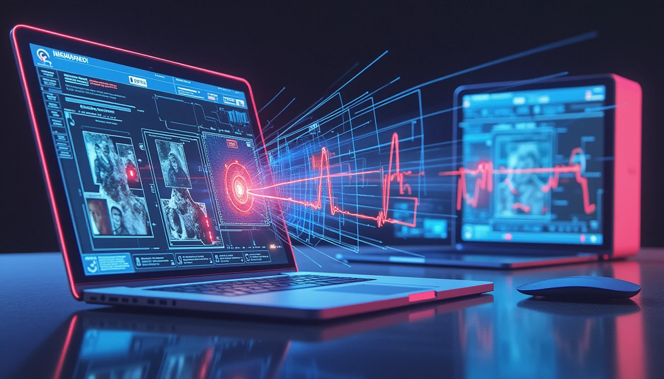 Futuristic AI-powered fraud detection interface analyzing manipulated insurance images with neon highlights, holographic data, and high-tech precision.