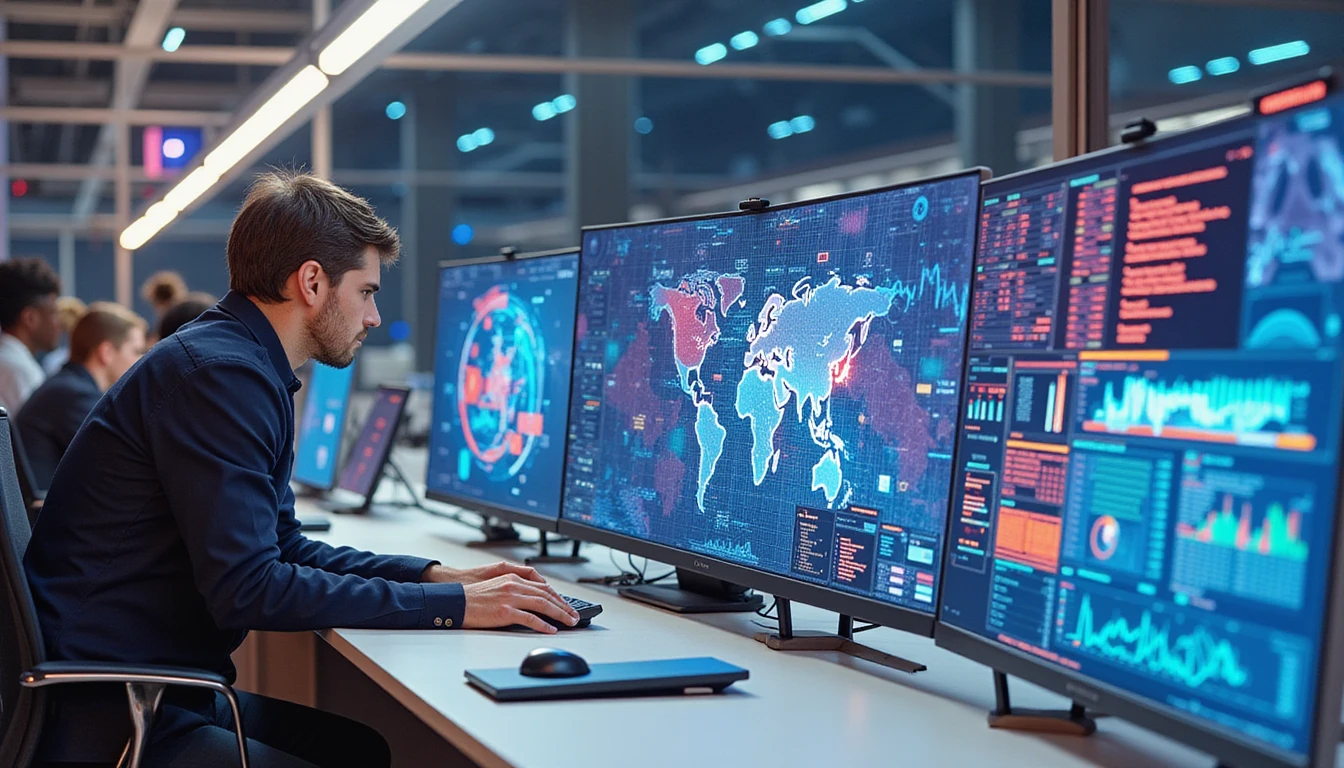 Futuristic insurance office with analysts reviewing holographic data, while AI-driven networks detect fraud patterns and flag anomalies.