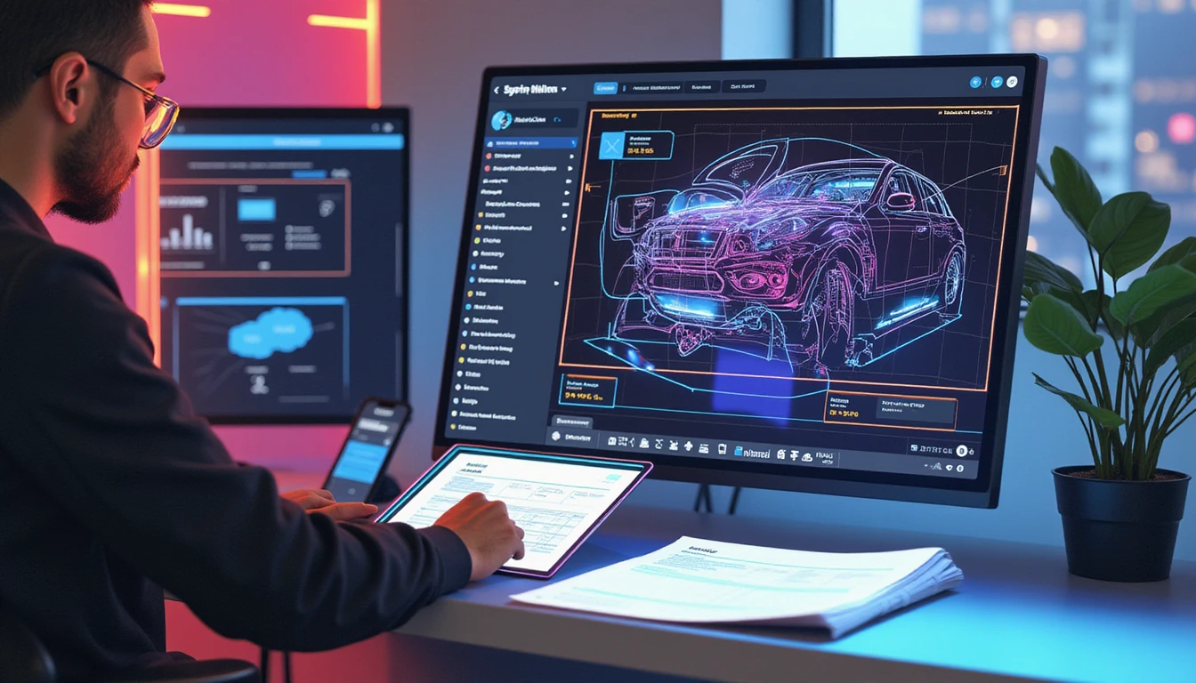 Insurance analyst reviews AI fraud detection dashboard with neon-lit invoice, live repair feed, and digital verification overlay
