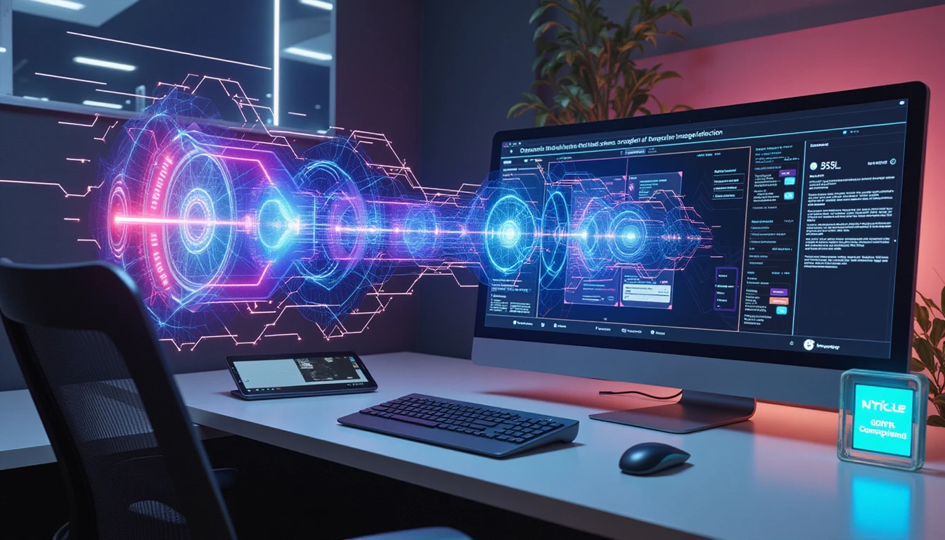 Futuristic insurance office with VAARHAFT’s Fraud Scanner analyzing ID amid neon-lit metadata and AI detection overlays