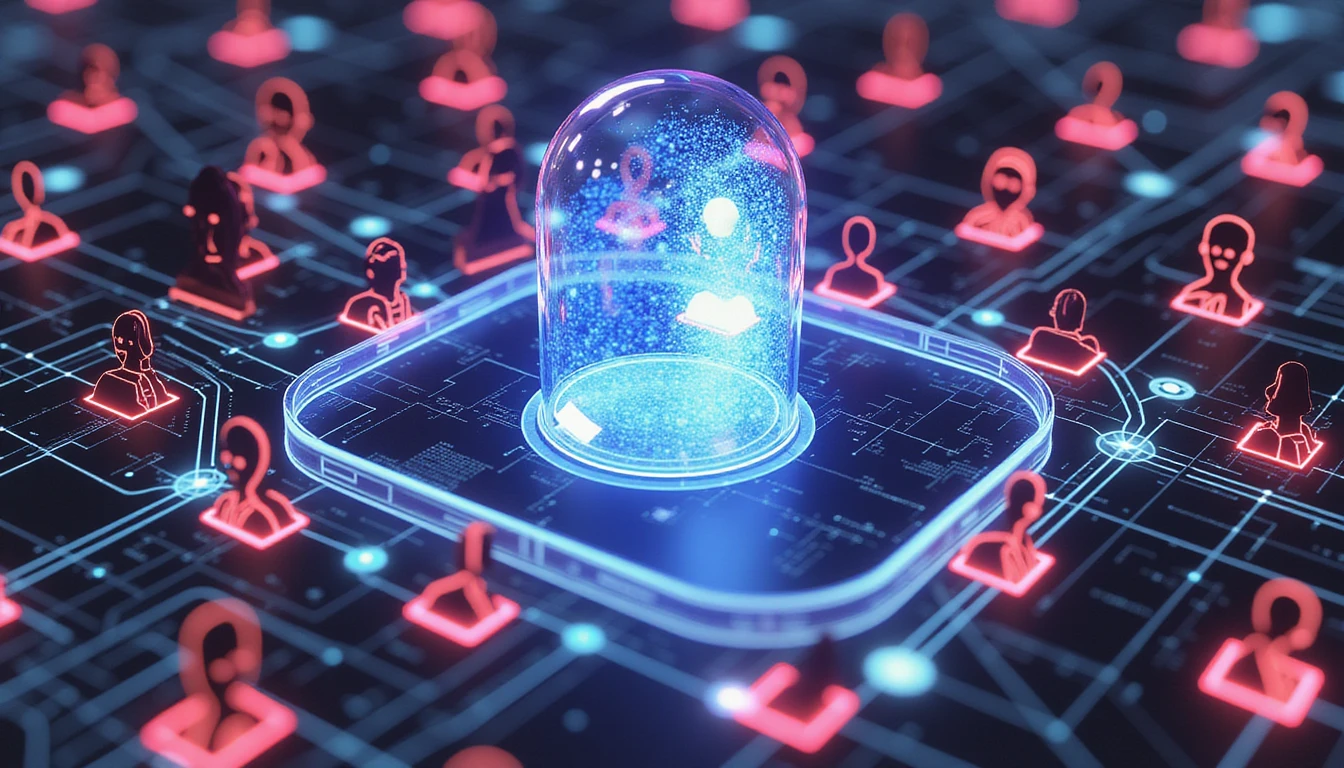 AI-driven fraud detection scanning online dating profiles with neon-glowing icons, flagged fakes, and real-time data analysis.