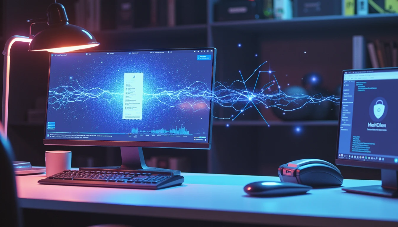 Macro view of a neon-lit digital workstation showing AI fraud detection analyzing a receipt with GDPR and data security visuals.