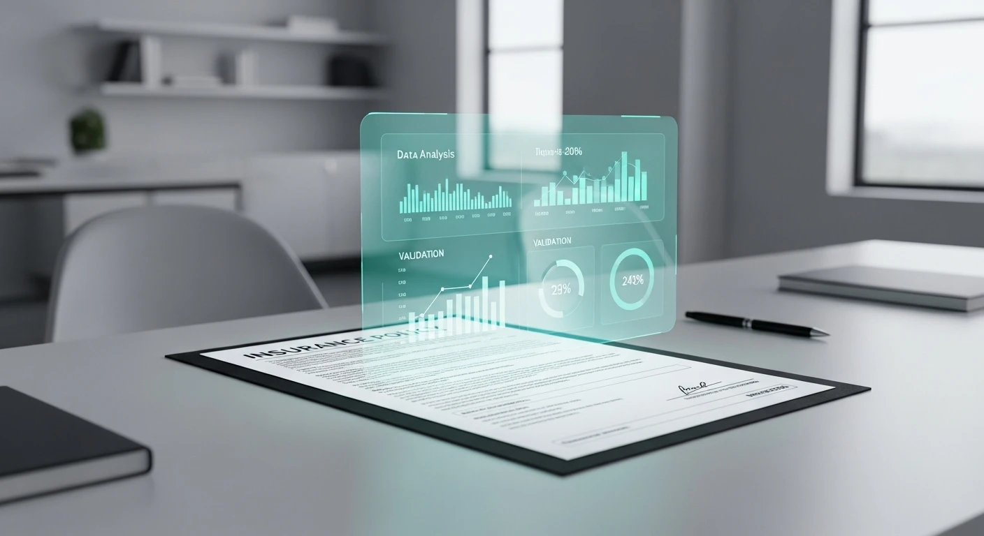 AI-driven system analyzing insurance documents for authenticity verification, with a modern interface and trustworthy style.