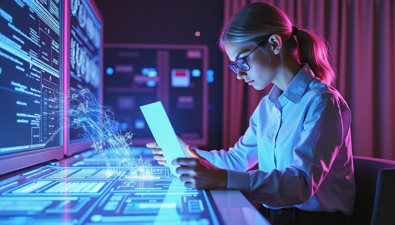 Insurance analyst reviews digital document on futuristic interface with AI-powered fraud detection and holographic data layers