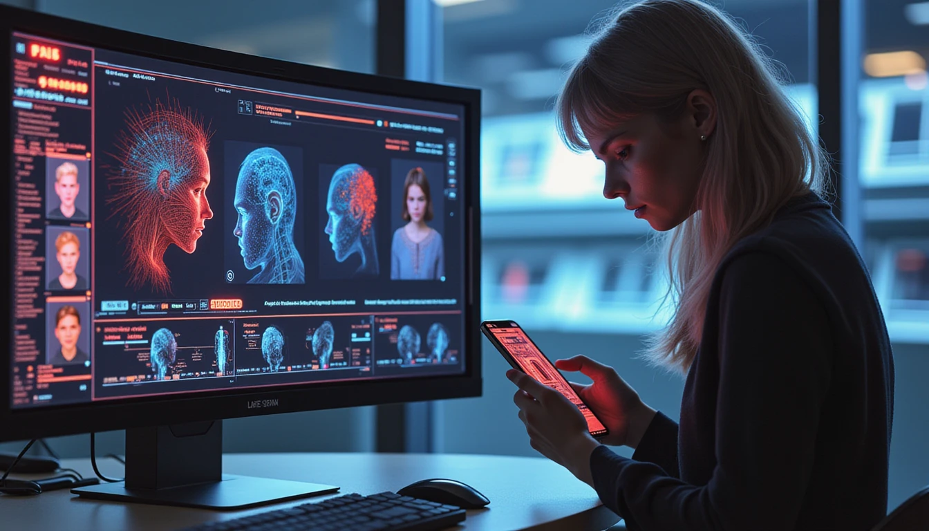 Person using dating app on smartphone as AI data streams and digital alerts highlight fake profile detection in tech-secure setting