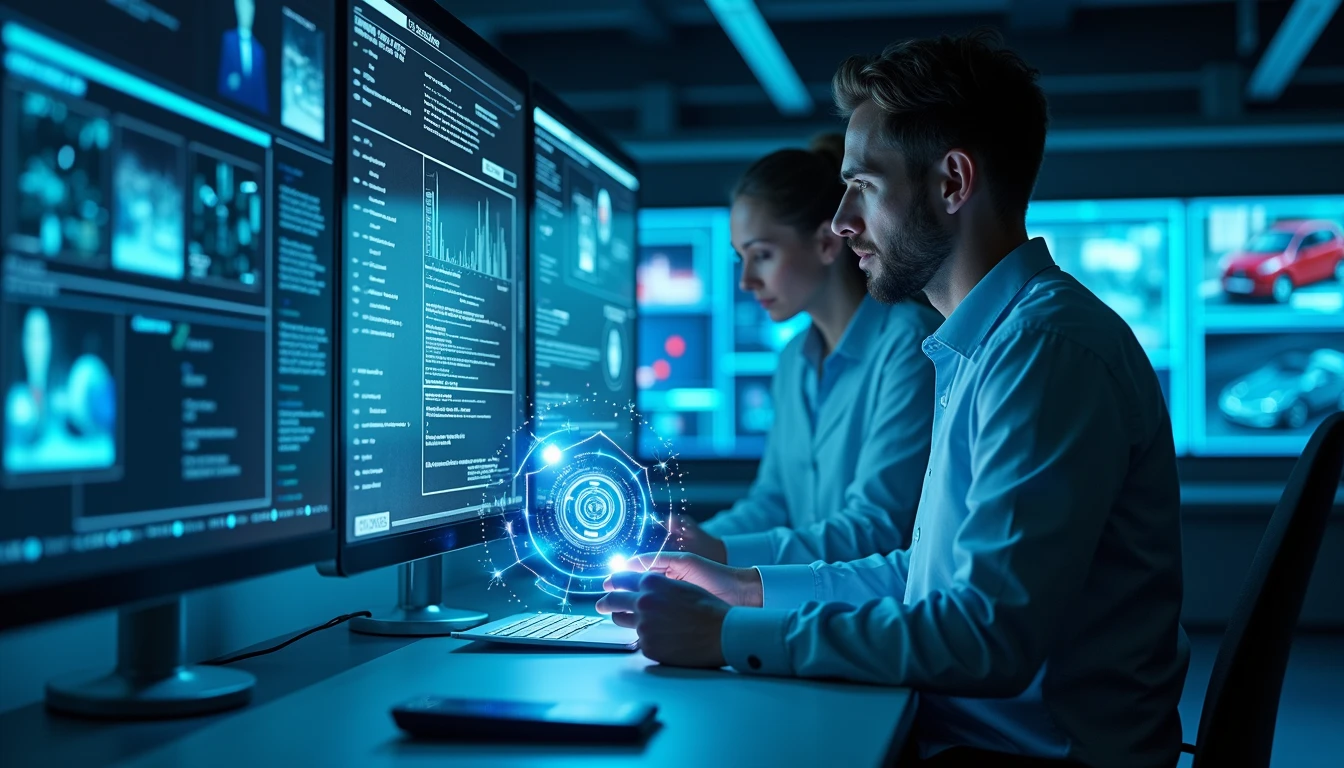 Futuristic claims center with professionals using holographic screens and AI diagrams showing secure image authentication systems