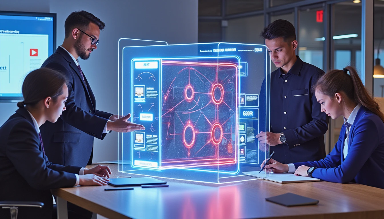 Diverse professionals analyze VAARHAFT's neon-lit AI fraud scanner in a sleek 2025 insurtech office, highlighting secure innovation.
