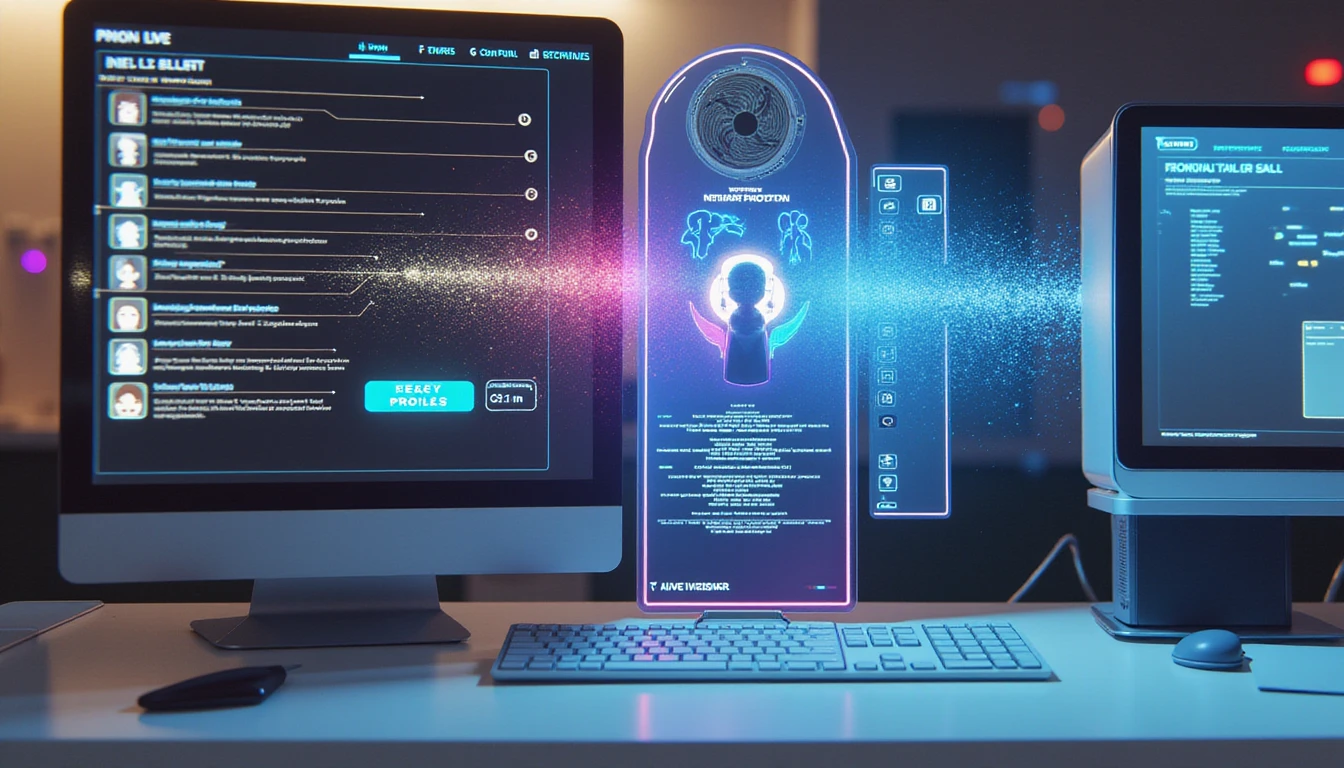 Futuristic workspace with neon-lit AI interface analyzing profile data; verified users glow, fake profiles glitch into data streams