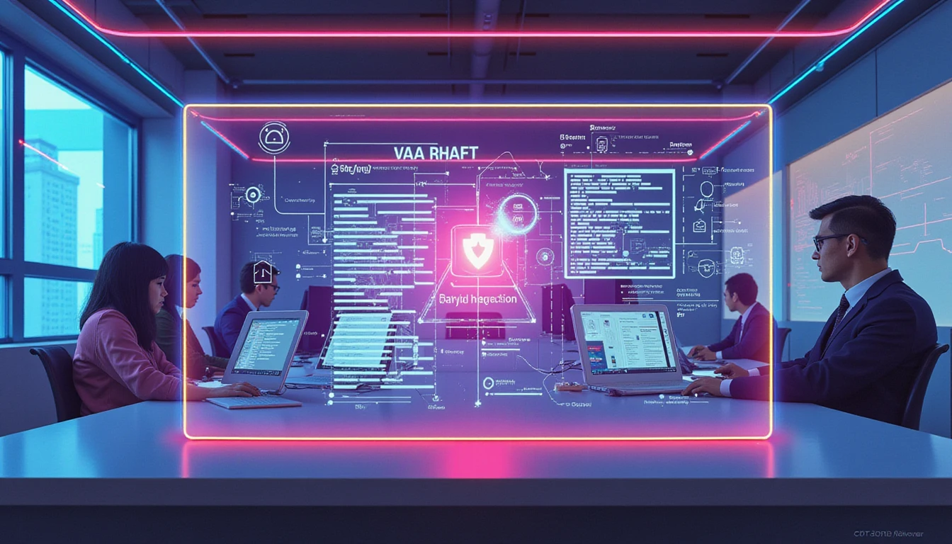 Futuristic office with professionals using VAARHAFT Fraud Scanner on holograms, highlighting AI-driven fraud detection analytics